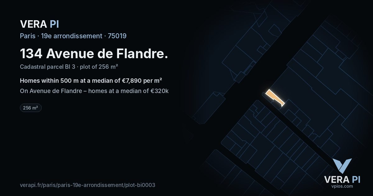 134 Avenue de Flandre, 19e arrondissement at night – the plot lit, the parcels around coloured by the prices near them