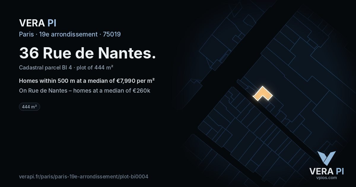 36 Rue de Nantes, 19e arrondissement at night – the plot lit, the parcels around coloured by the prices near them