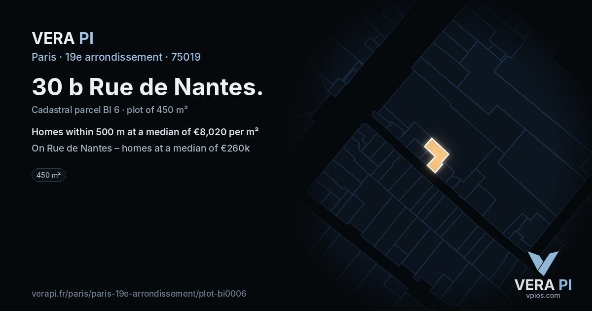 30 b Rue de Nantes, 19e arrondissement at night – the plot lit, the parcels around coloured by the prices near them