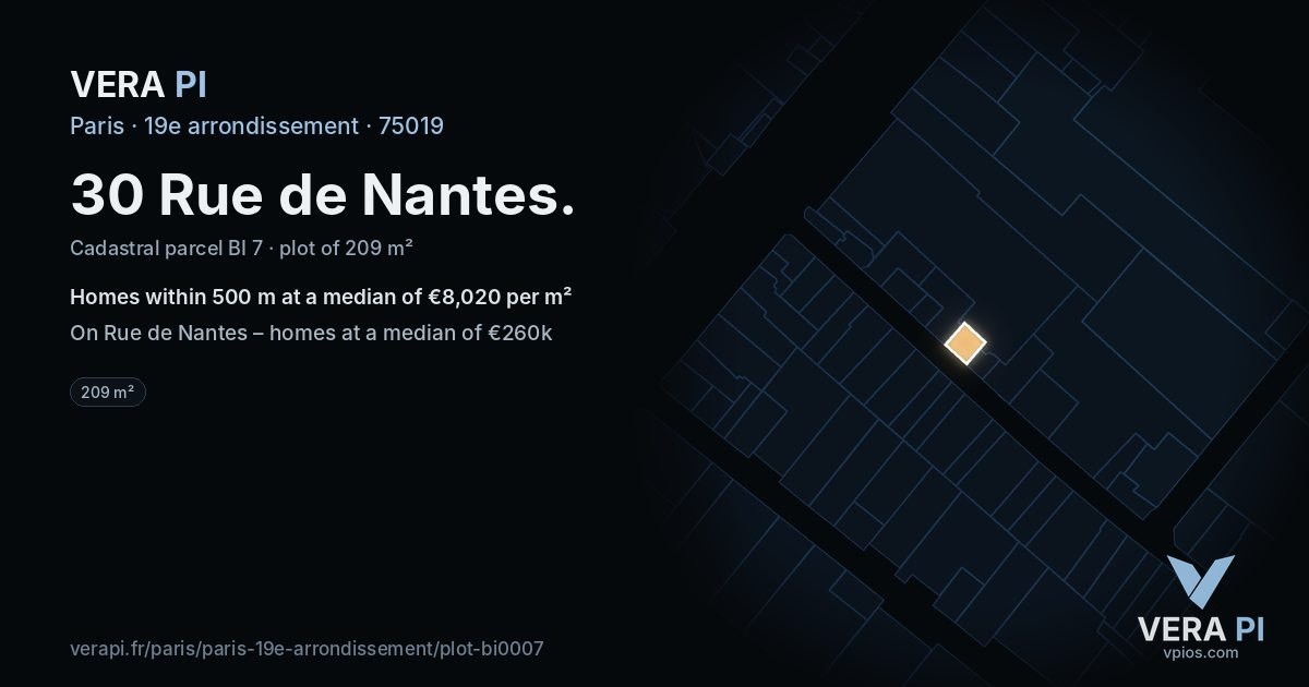 30 Rue de Nantes, 19e arrondissement at night – the plot lit, the parcels around coloured by the prices near them