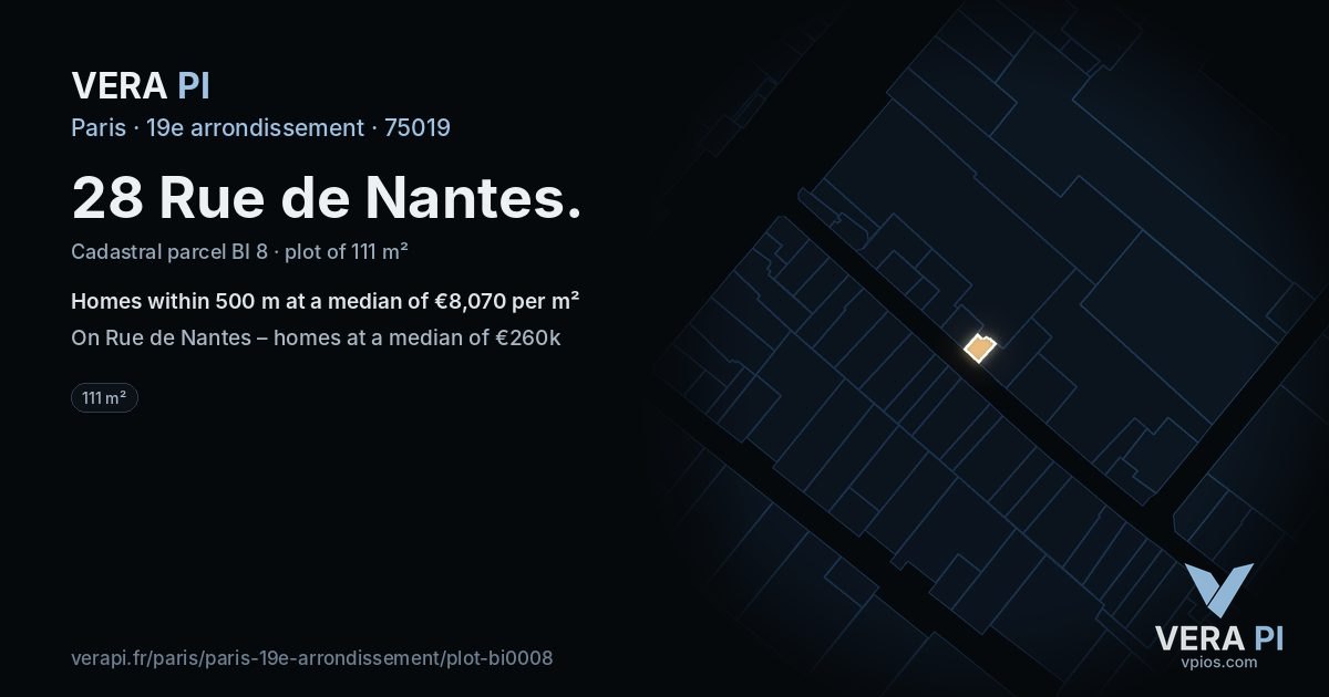 28 Rue de Nantes, 19e arrondissement at night – the plot lit, the parcels around coloured by the prices near them