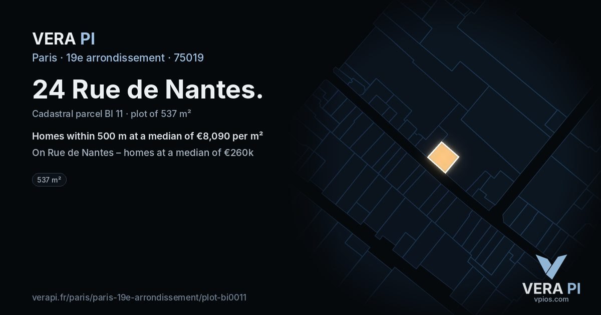 24 Rue de Nantes, 19e arrondissement at night – the plot lit, the parcels around coloured by the prices near them