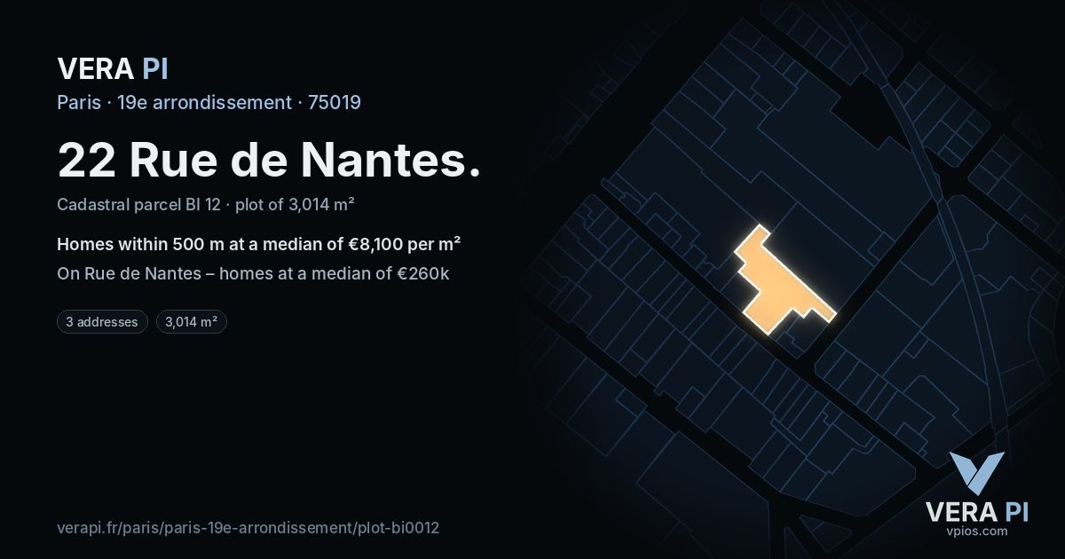 22 Rue de Nantes, 19e arrondissement at night – the plot lit, the parcels around coloured by the prices near them