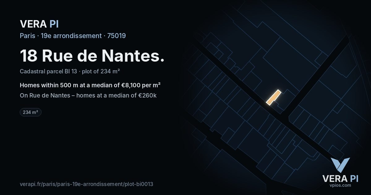 18 Rue de Nantes, 19e arrondissement at night – the plot lit, the parcels around coloured by the prices near them