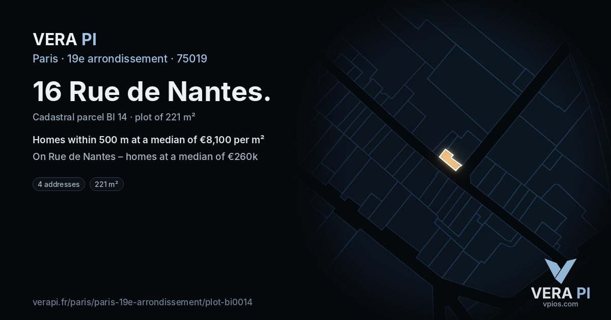 16 Rue de Nantes, 19e arrondissement at night – the plot lit, the parcels around coloured by the prices near them