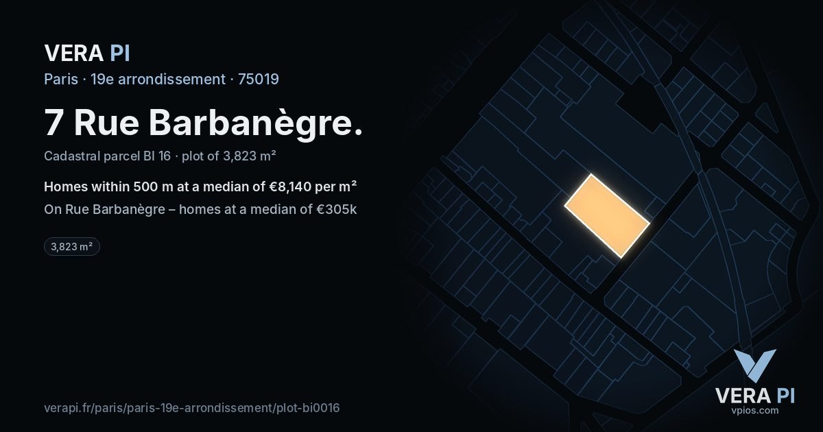 7 Rue Barbanègre, 19e arrondissement at night – the plot lit, the parcels around coloured by the prices near them