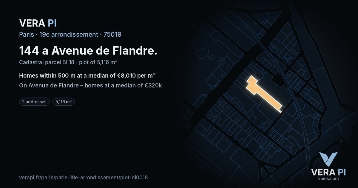 144 a Avenue de Flandre, 19e arrondissement at night – the plot lit, the parcels around coloured by the prices near them