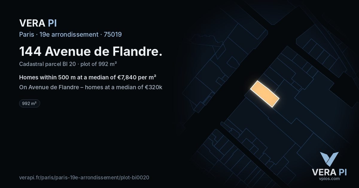 144 Avenue de Flandre, 19e arrondissement at night – the plot lit, the parcels around coloured by the prices near them