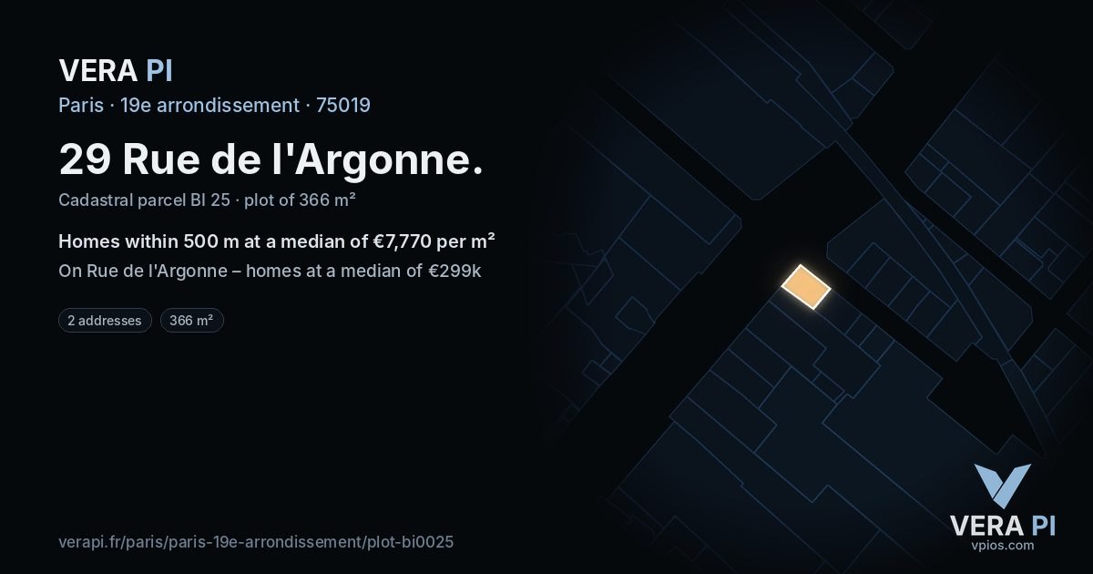 29 Rue de l'Argonne, 19e arrondissement at night – the plot lit, the parcels around coloured by the prices near them