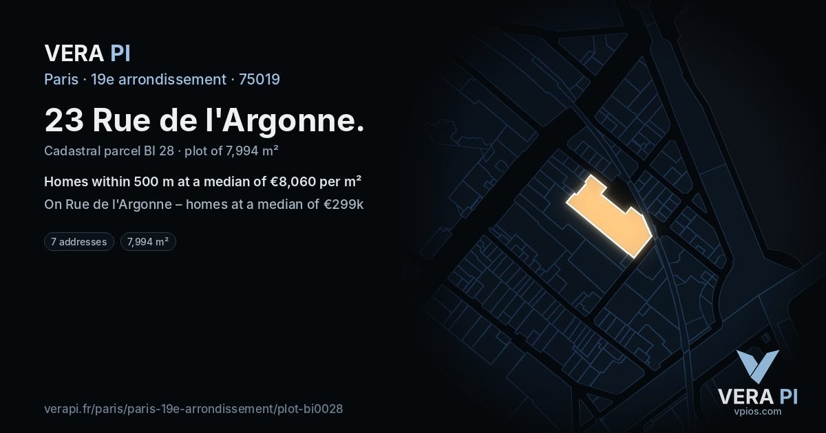 23 Rue de l'Argonne, 19e arrondissement at night – the plot lit, the parcels around coloured by the prices near them