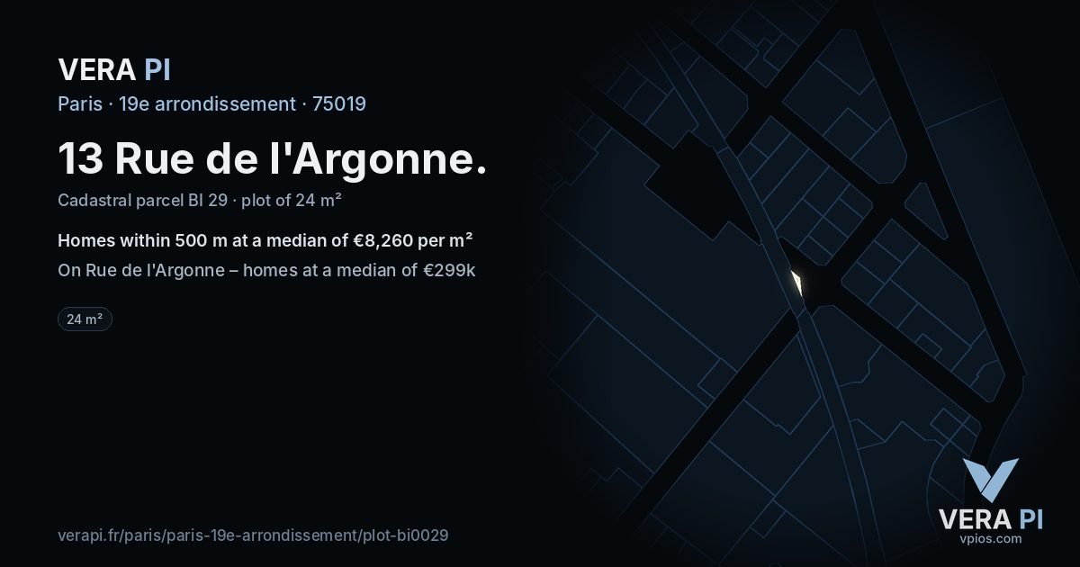 13 Rue de l'Argonne, 19e arrondissement at night – the plot lit, the parcels around coloured by the prices near them