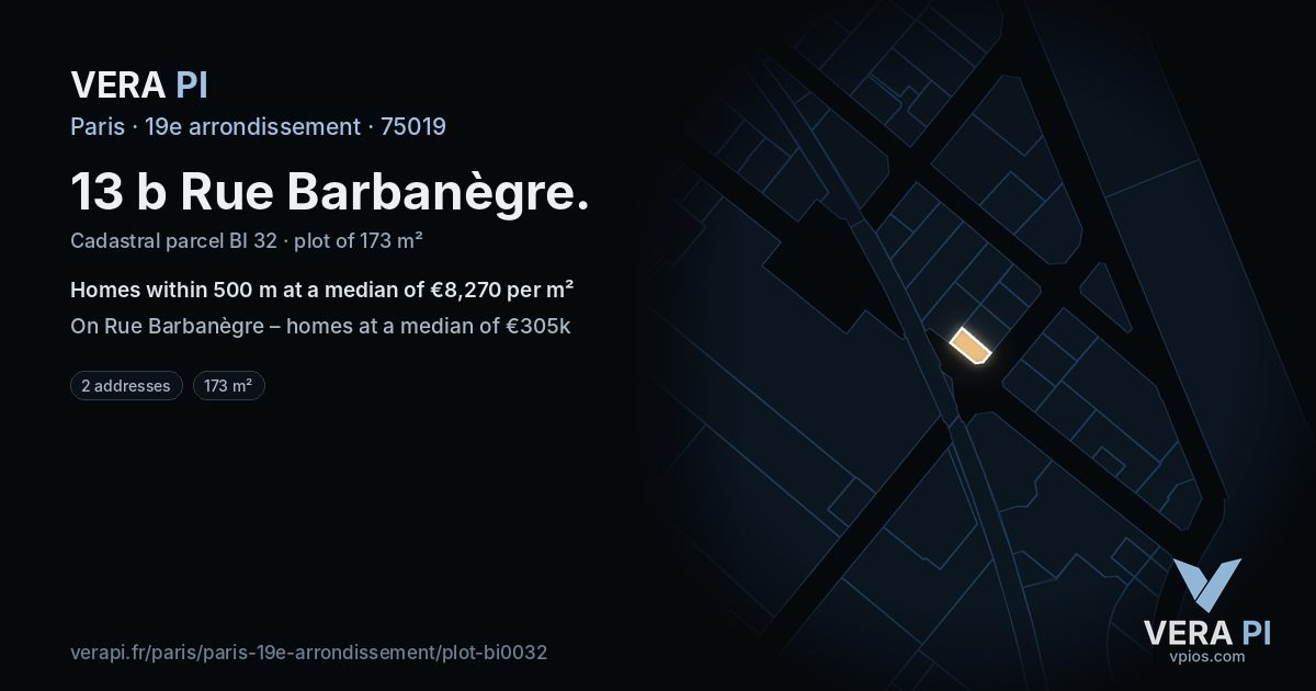 13 b Rue Barbanègre, 19e arrondissement at night – the plot lit, the parcels around coloured by the prices near them