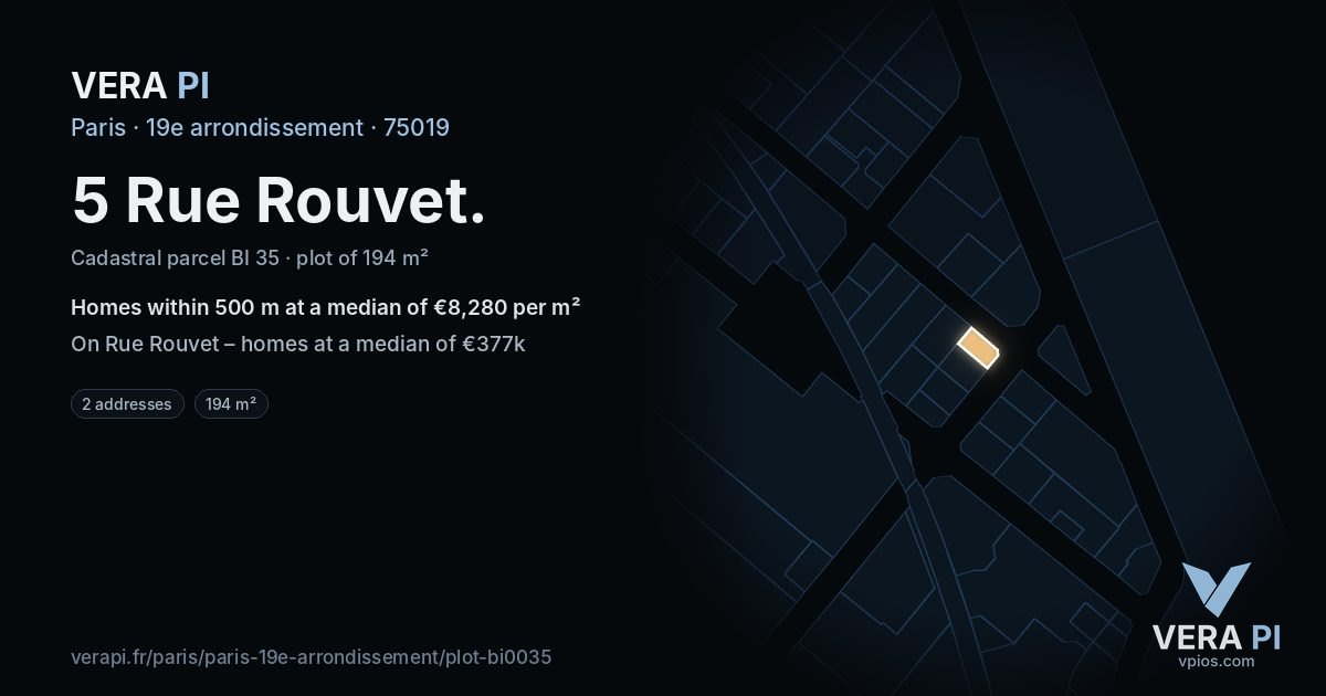 5 Rue Rouvet, 19e arrondissement at night – the plot lit, the parcels around coloured by the prices near them