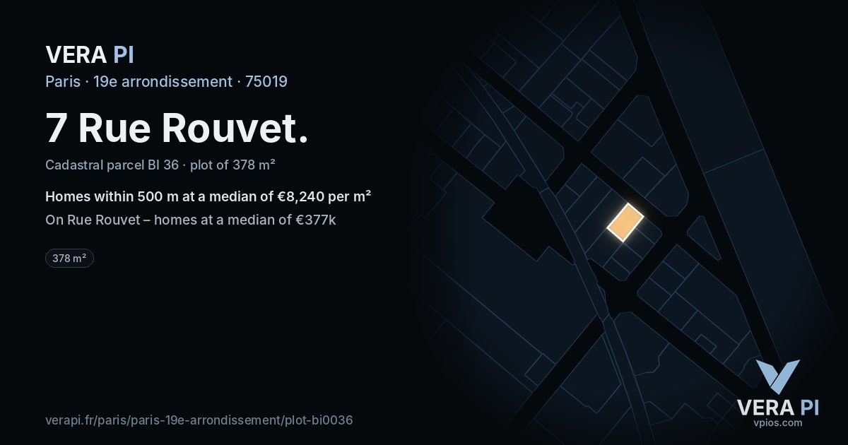 7 Rue Rouvet, 19e arrondissement at night – the plot lit, the parcels around coloured by the prices near them