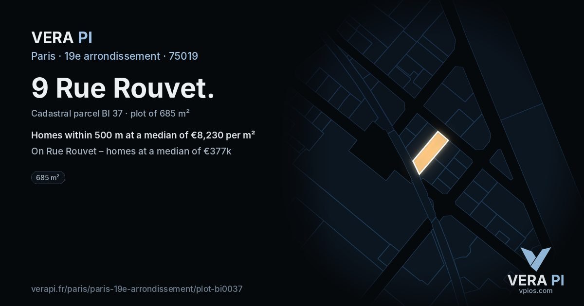 9 Rue Rouvet, 19e arrondissement at night – the plot lit, the parcels around coloured by the prices near them