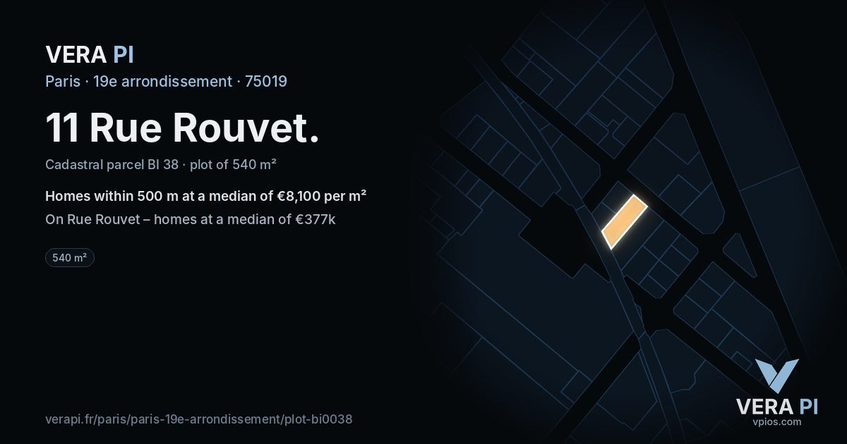 11 Rue Rouvet, 19e arrondissement at night – the plot lit, the parcels around coloured by the prices near them