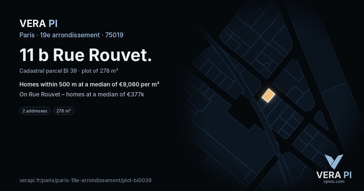 11 b Rue Rouvet, 19e arrondissement at night – the plot lit, the parcels around coloured by the prices near them
