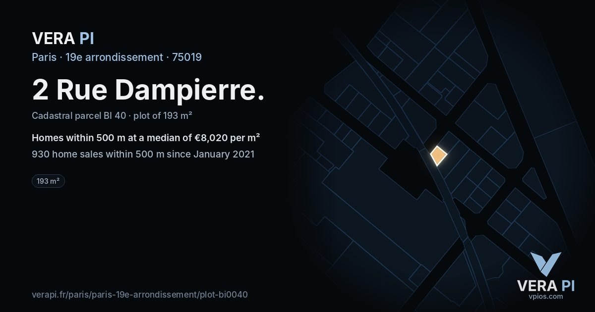 2 Rue Dampierre, 19e arrondissement at night – the plot lit, the parcels around coloured by the prices near them