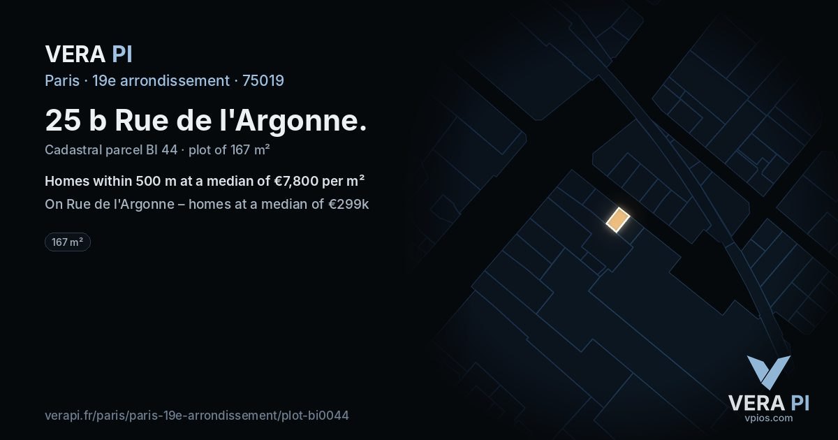 25 b Rue de l'Argonne, 19e arrondissement at night – the plot lit, the parcels around coloured by the prices near them