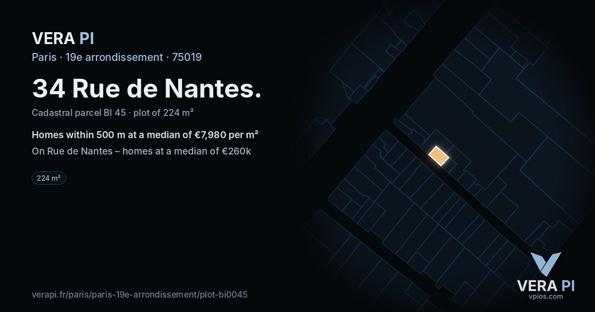 34 Rue de Nantes, 19e arrondissement at night – the plot lit, the parcels around coloured by the prices near them