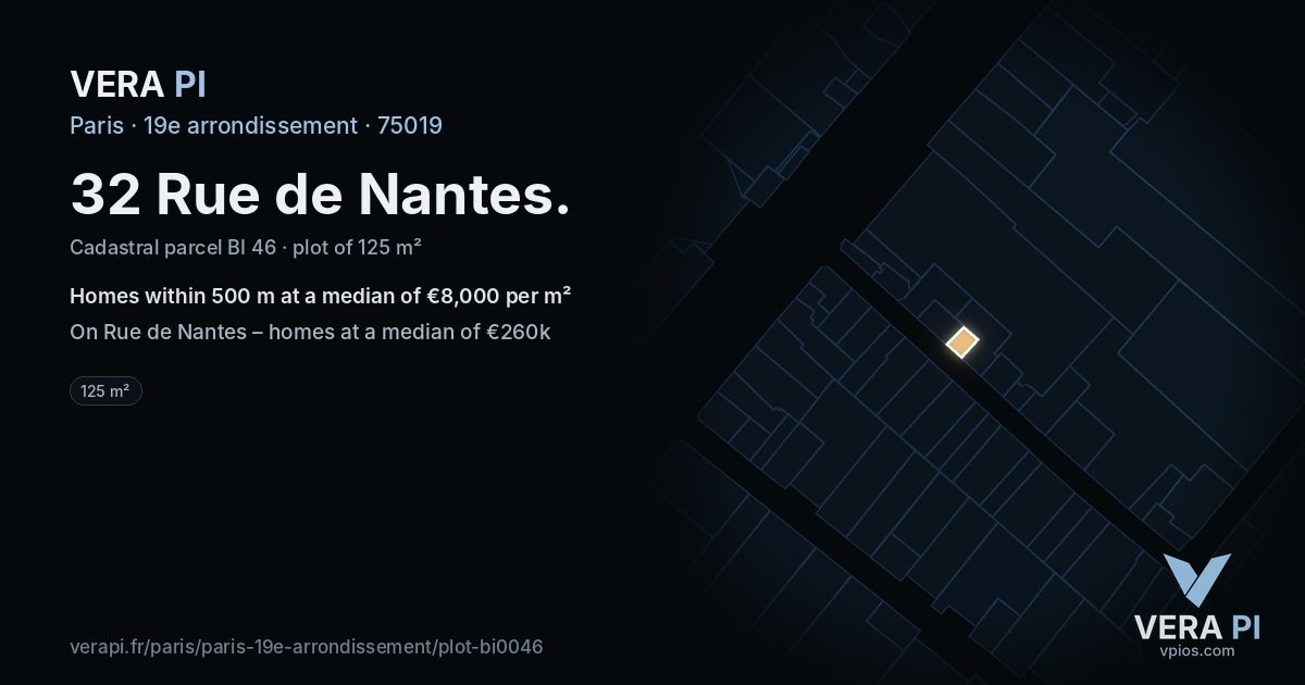32 Rue de Nantes, 19e arrondissement at night – the plot lit, the parcels around coloured by the prices near them