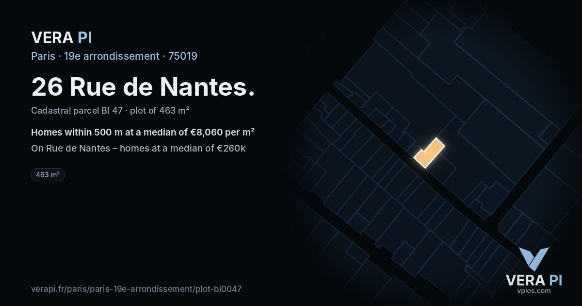 26 Rue de Nantes, 19e arrondissement at night – the plot lit, the parcels around coloured by the prices near them