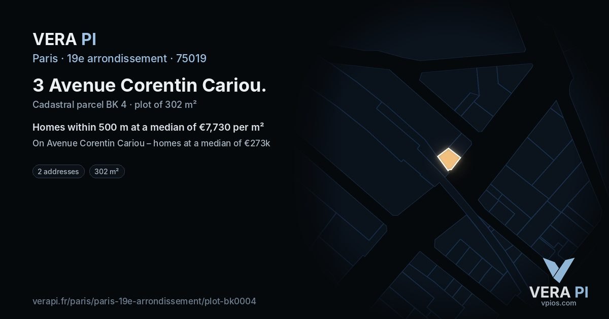 3 Avenue Corentin Cariou, 19e arrondissement at night – the plot lit, the parcels around coloured by the prices near them