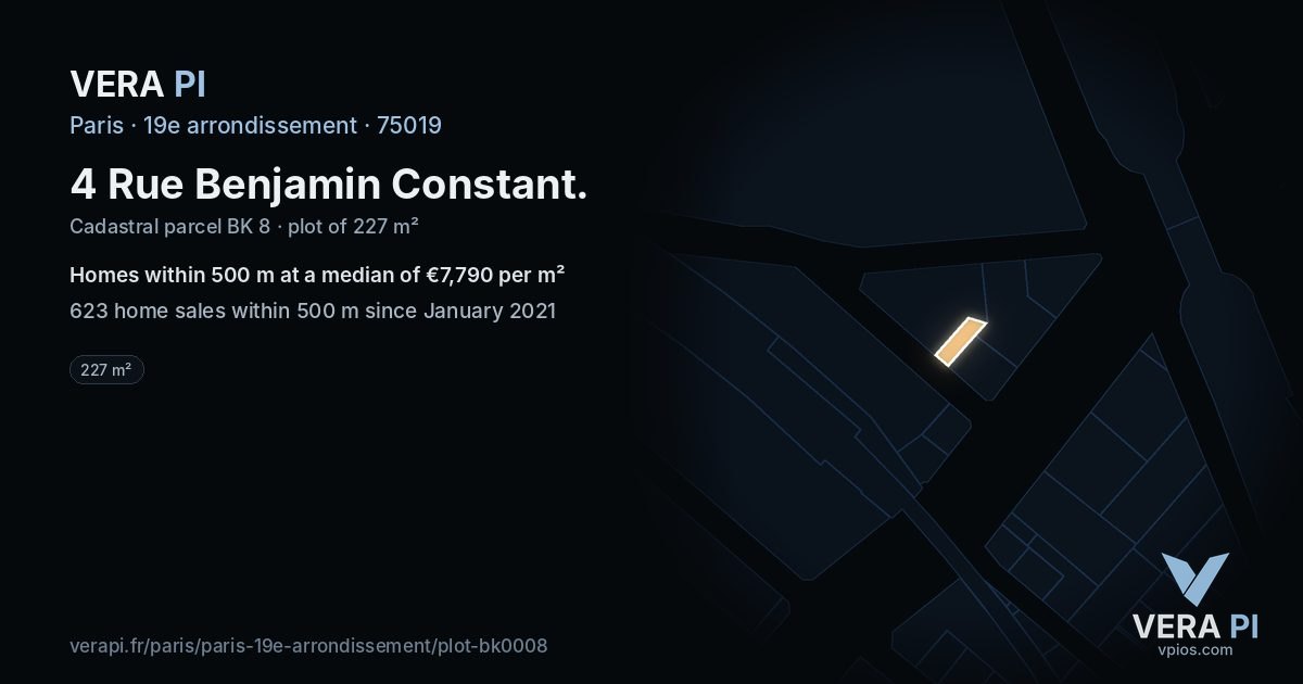 4 Rue Benjamin Constant, 19e arrondissement at night – the plot lit, the parcels around coloured by the prices near them