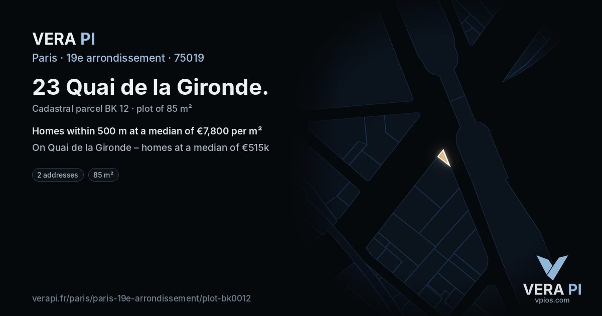 23 Quai de la Gironde, 19e arrondissement at night – the plot lit, the parcels around coloured by the prices near them