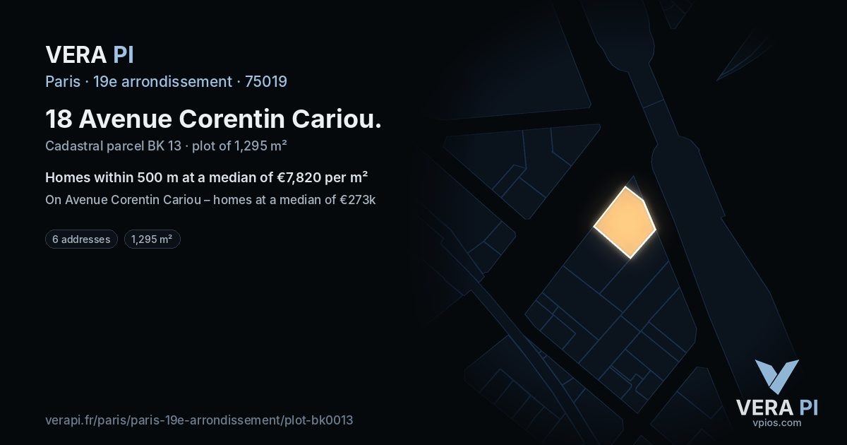18 Avenue Corentin Cariou, 19e arrondissement at night – the plot lit, the parcels around coloured by the prices near them