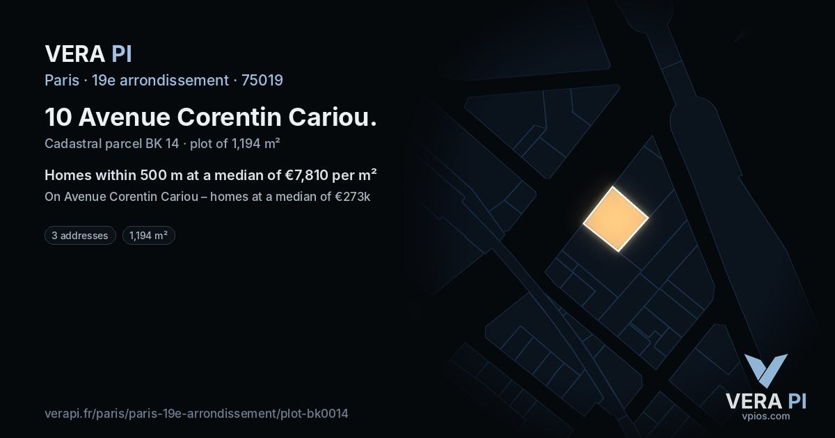10 Avenue Corentin Cariou, 19e arrondissement at night – the plot lit, the parcels around coloured by the prices near them