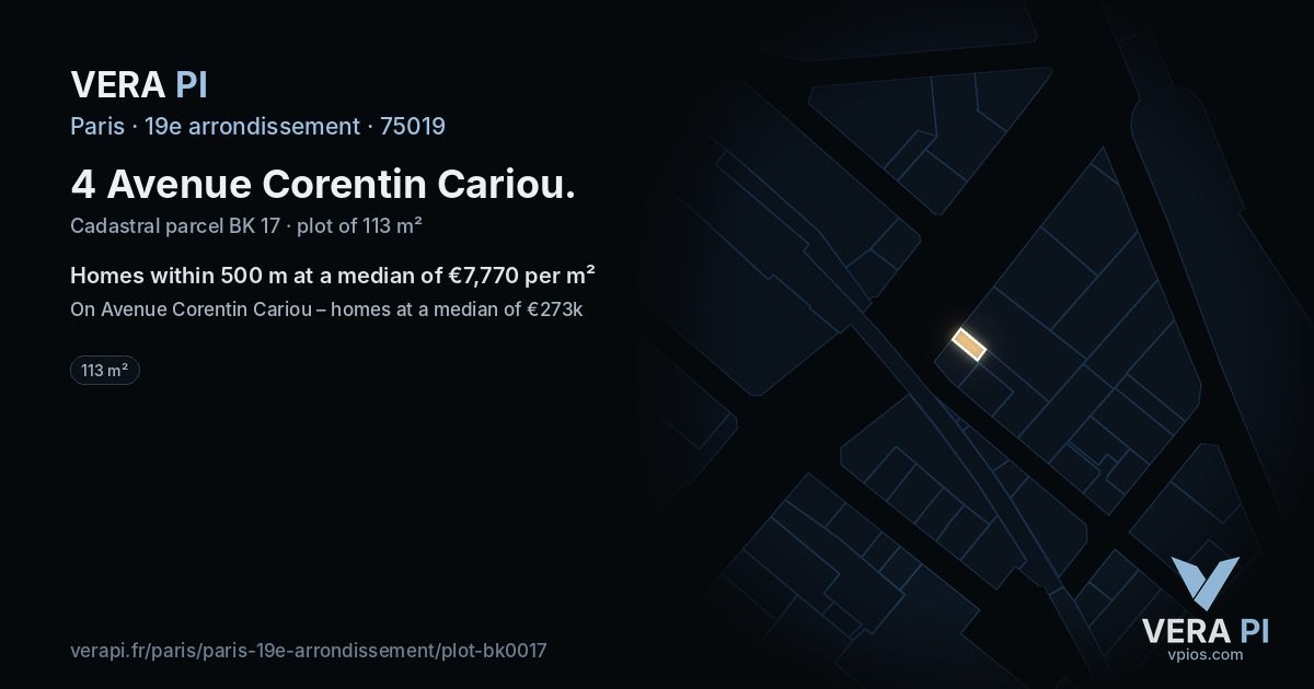 4 Avenue Corentin Cariou, 19e arrondissement at night – the plot lit, the parcels around coloured by the prices near them