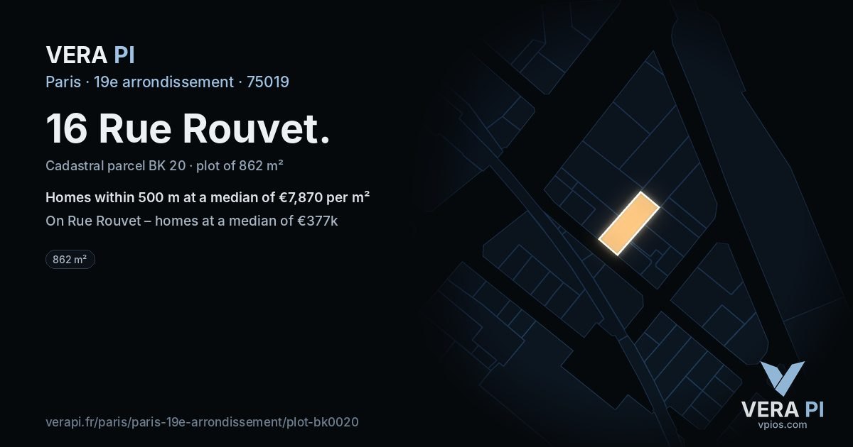 16 Rue Rouvet, 19e arrondissement at night – the plot lit, the parcels around coloured by the prices near them