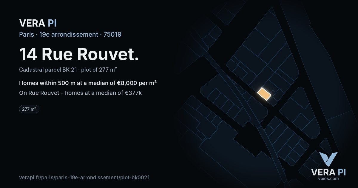 14 Rue Rouvet, 19e arrondissement at night – the plot lit, the parcels around coloured by the prices near them