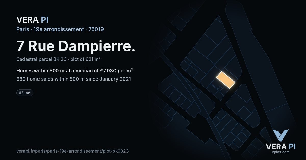 7 Rue Dampierre, 19e arrondissement at night – the plot lit, the parcels around coloured by the prices near them