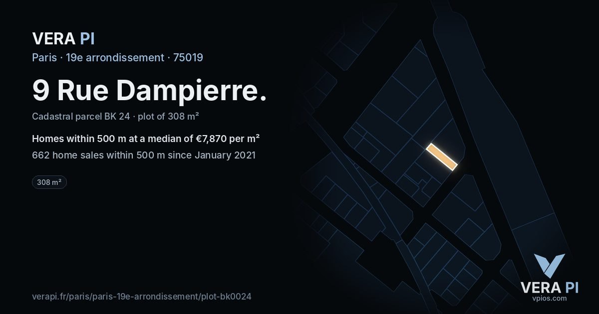 9 Rue Dampierre, 19e arrondissement at night – the plot lit, the parcels around coloured by the prices near them