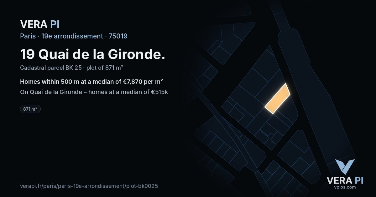 19 Quai de la Gironde, 19e arrondissement at night – the plot lit, the parcels around coloured by the prices near them