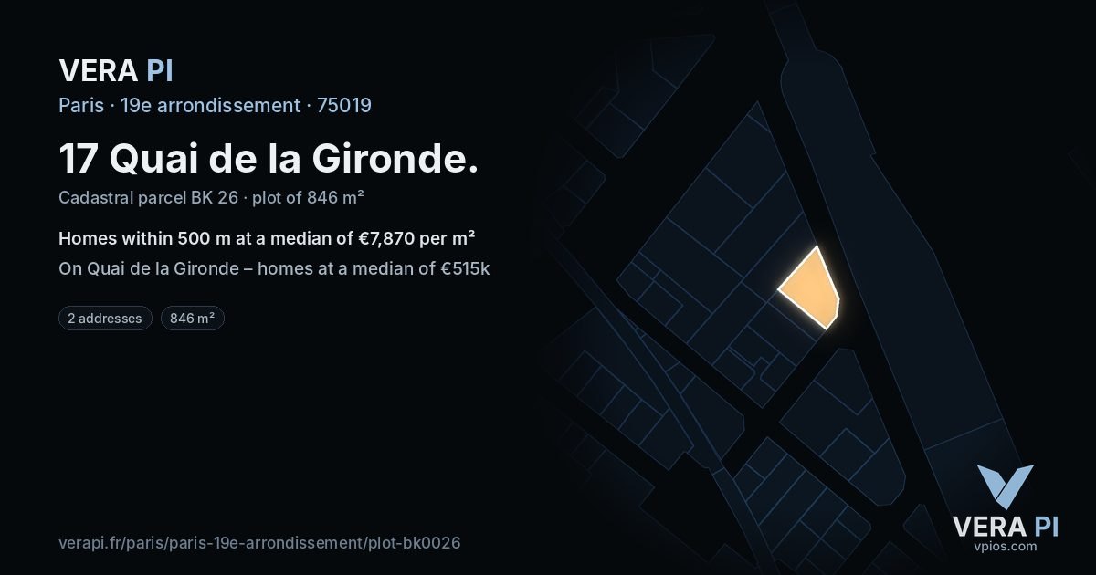 17 Quai de la Gironde, 19e arrondissement at night – the plot lit, the parcels around coloured by the prices near them