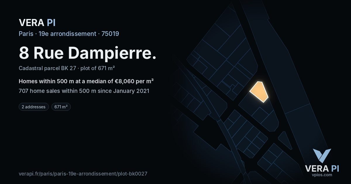 8 Rue Dampierre, 19e arrondissement at night – the plot lit, the parcels around coloured by the prices near them