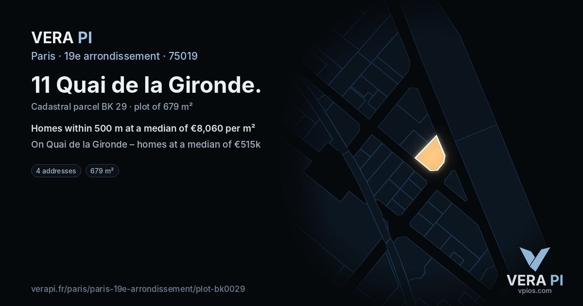 11 Quai de la Gironde, 19e arrondissement at night – the plot lit, the parcels around coloured by the prices near them