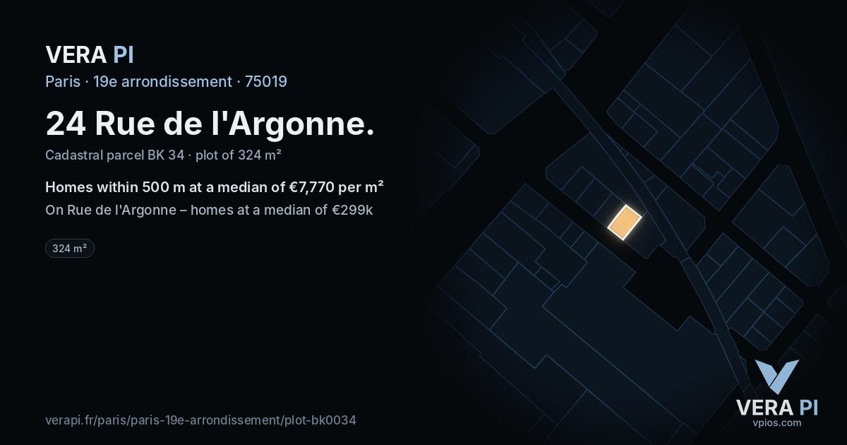 24 Rue de l'Argonne, 19e arrondissement at night – the plot lit, the parcels around coloured by the prices near them