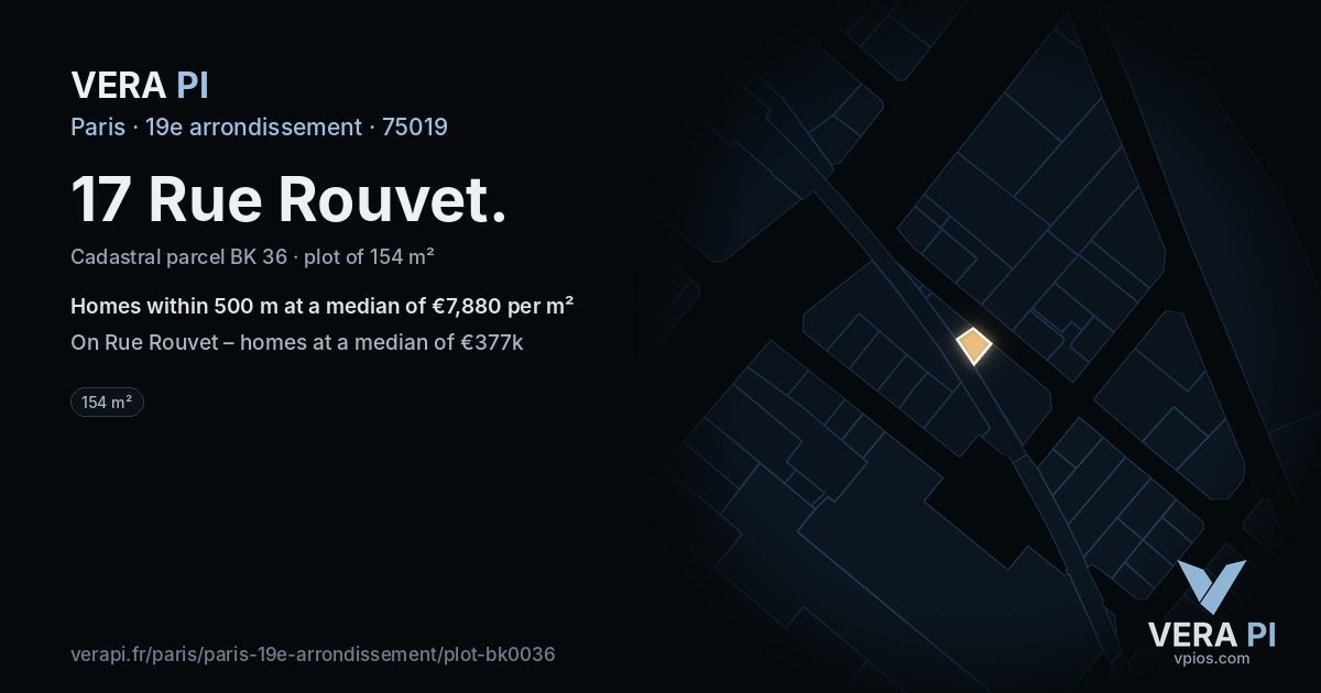 17 Rue Rouvet, 19e arrondissement at night – the plot lit, the parcels around coloured by the prices near them