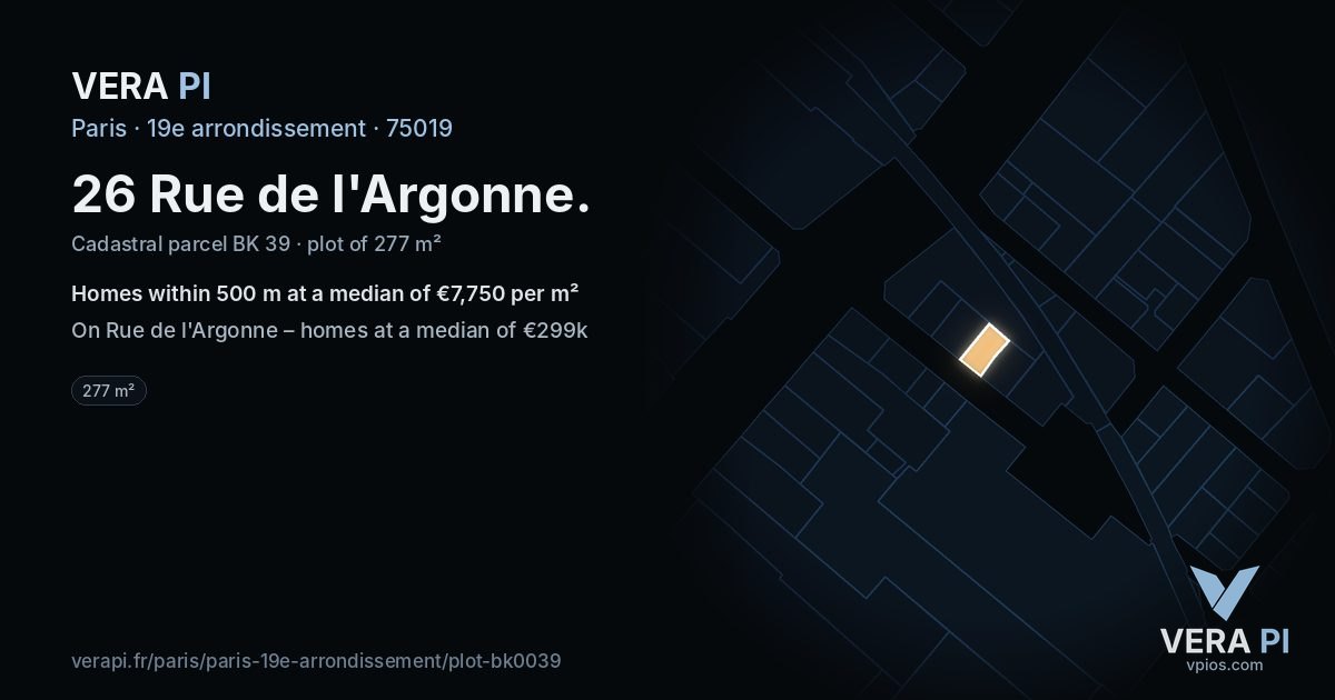 26 Rue de l'Argonne, 19e arrondissement at night – the plot lit, the parcels around coloured by the prices near them