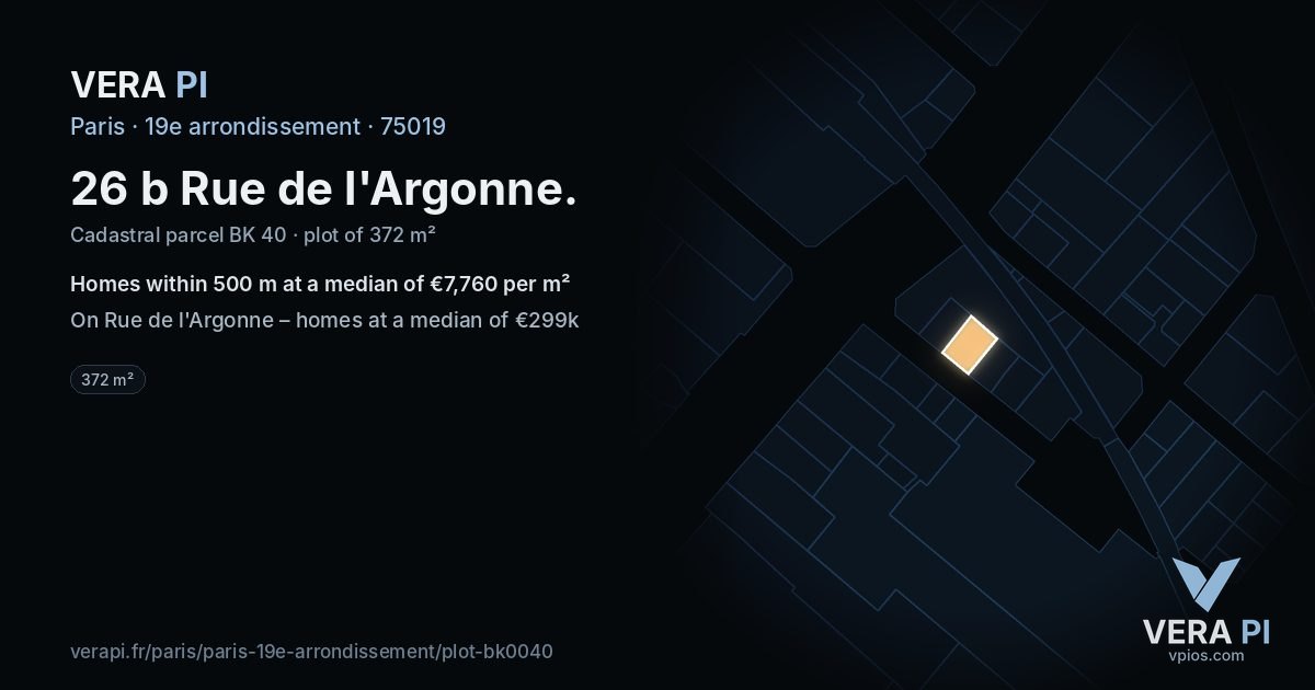 26 b Rue de l'Argonne, 19e arrondissement at night – the plot lit, the parcels around coloured by the prices near them