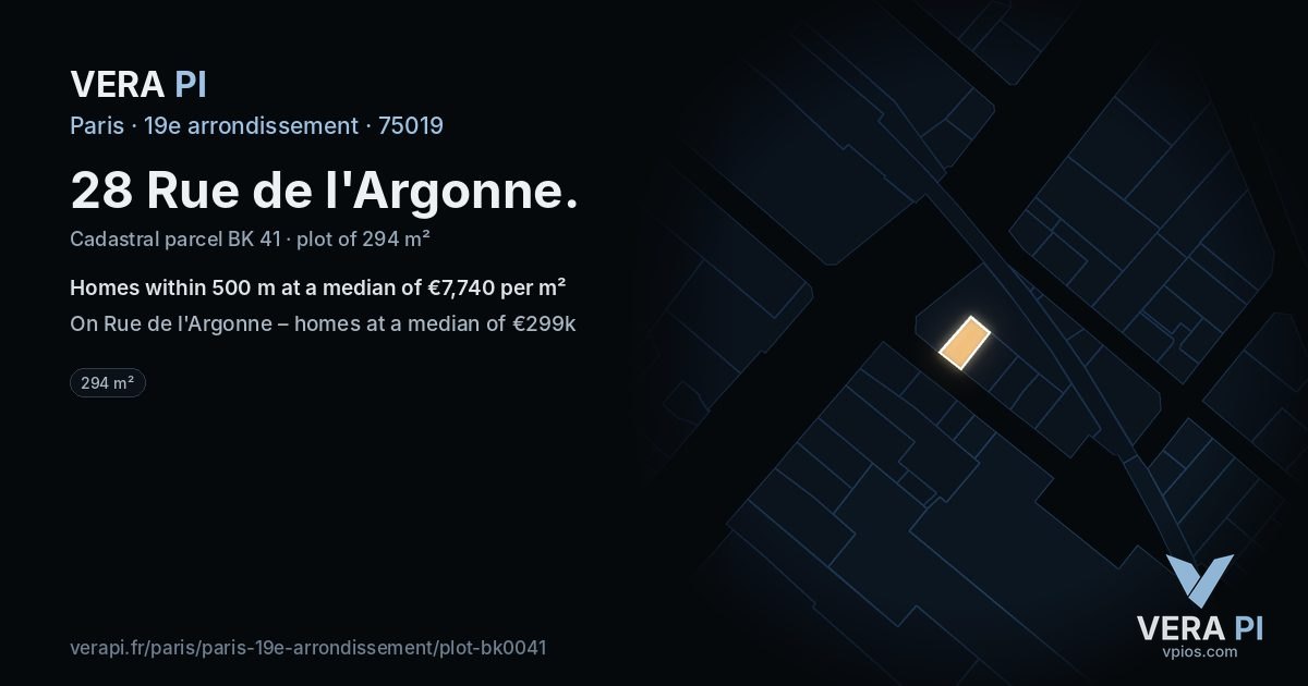 28 Rue de l'Argonne, 19e arrondissement at night – the plot lit, the parcels around coloured by the prices near them
