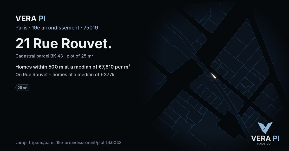 21 Rue Rouvet, 19e arrondissement at night – the plot lit, the parcels around coloured by the prices near them