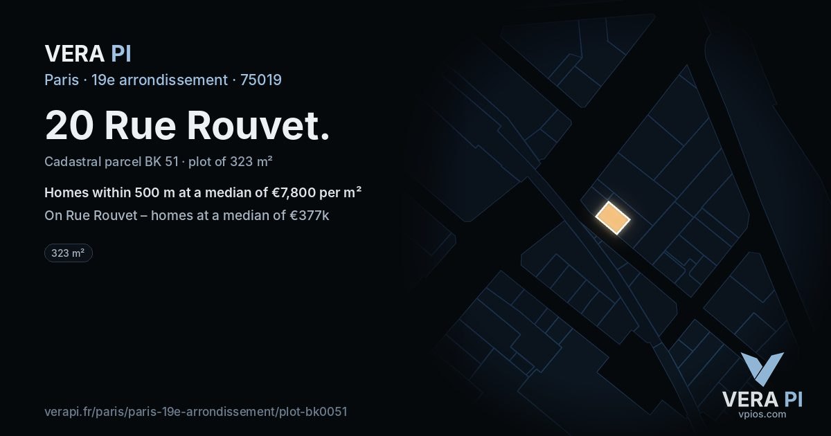 20 Rue Rouvet, 19e arrondissement at night – the plot lit, the parcels around coloured by the prices near them
