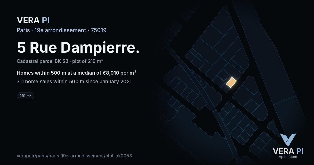 5 Rue Dampierre, 19e arrondissement at night – the plot lit, the parcels around coloured by the prices near them
