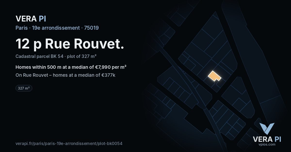 12 p Rue Rouvet, 19e arrondissement at night – the plot lit, the parcels around coloured by the prices near them