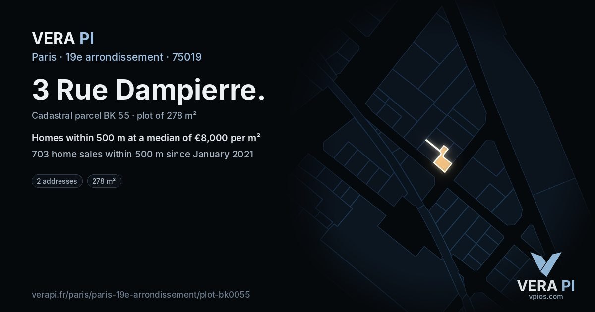 3 Rue Dampierre, 19e arrondissement at night – the plot lit, the parcels around coloured by the prices near them